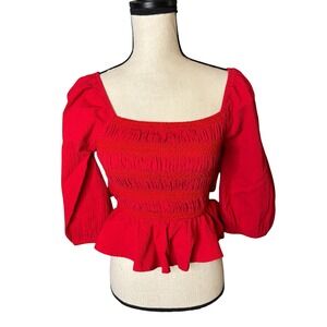 Mi Ami Red Smocked Peplum Crop Top Puff Sleeve Open Back Tie Bow Blouse Medium